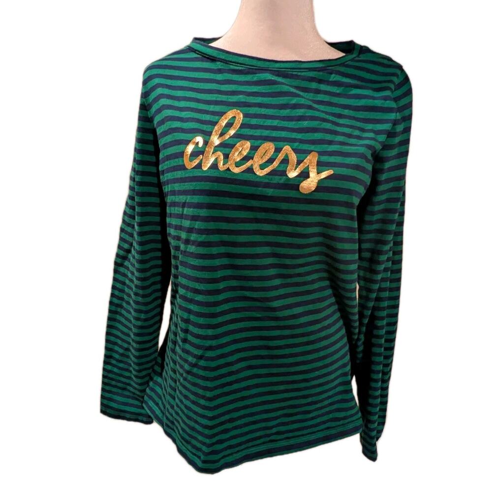 Talbots Cheers Green Blue Striped Long Sleeve Cotton Tee Top Shirt Size Medium